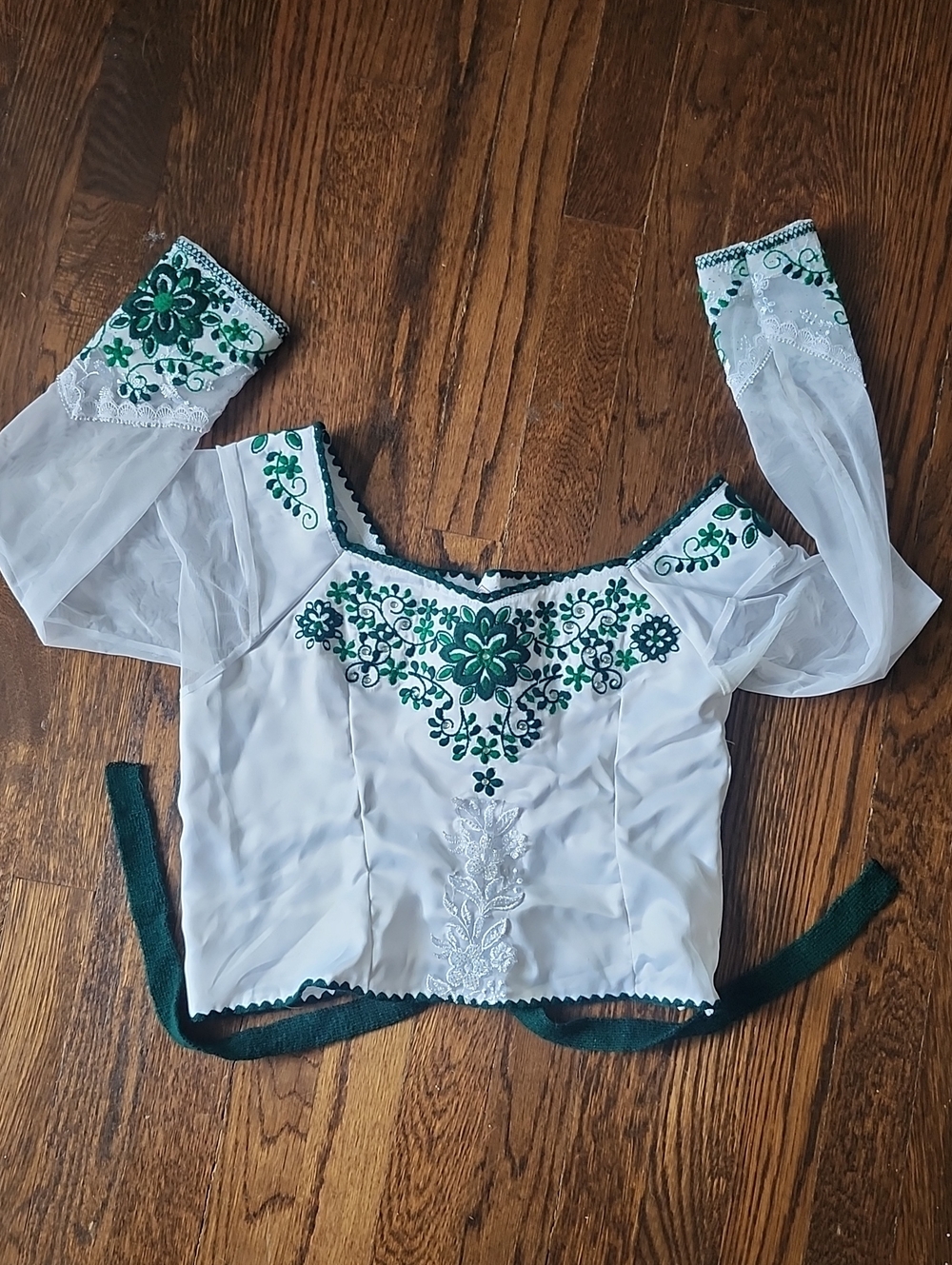 White Blouse with Green Floral Embroidery